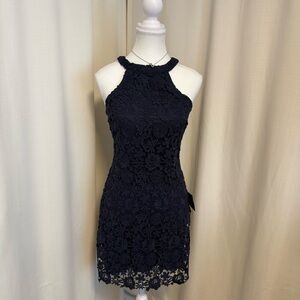 LULUS Love Poem Navy Blue Lace Mini Dress